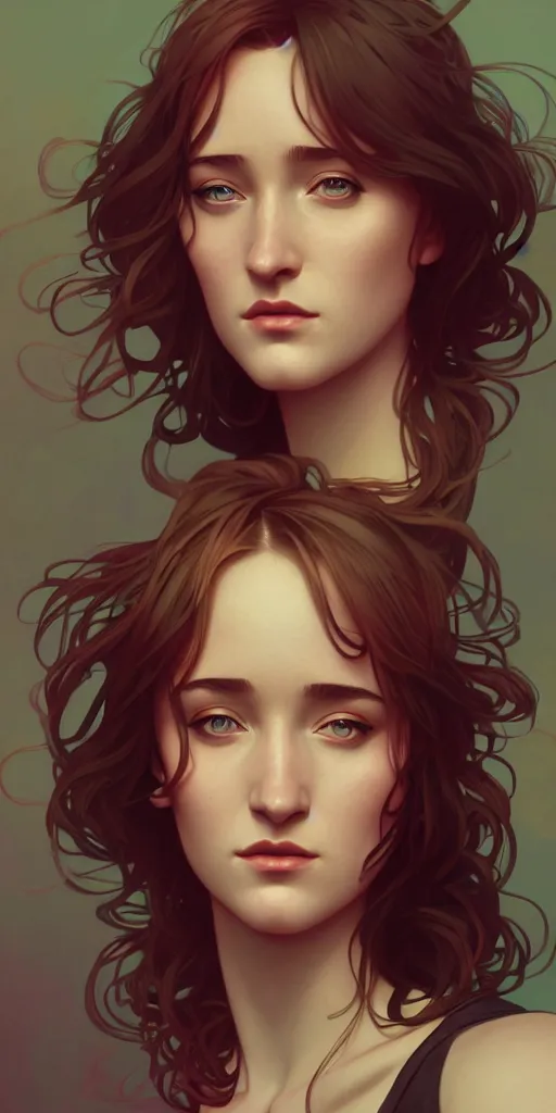 Prompt: A stunning portrait of an Ashley Johnson lookalike, ambient lighting, award-winning, masterpiece, 4k, alphonse mucha, lois van baarle, ilya kuvshinov, rossdraws, artstation