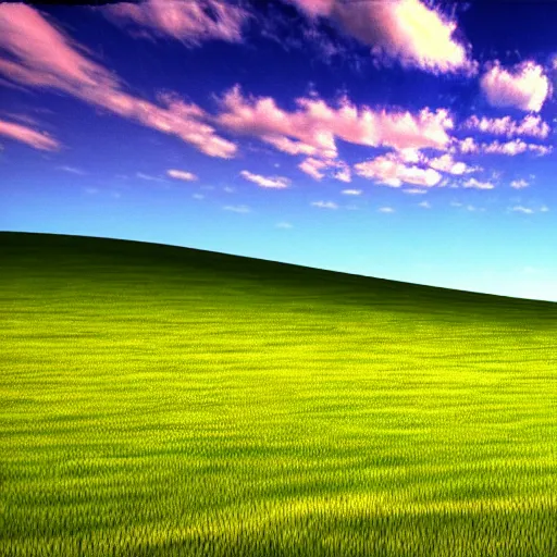 Image similar to windows xp background, distorted, glitchy