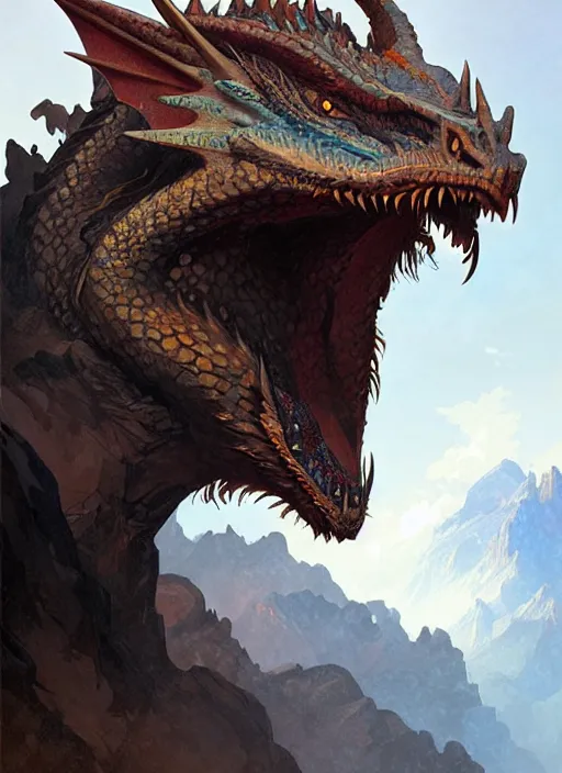 Prompt: ''face portrait of beautiful dragon, furry, mountain landscape, fantasy, d & d, sharp focus, detailed, digital painting, art by greg rutkowski and alphonse mucha''