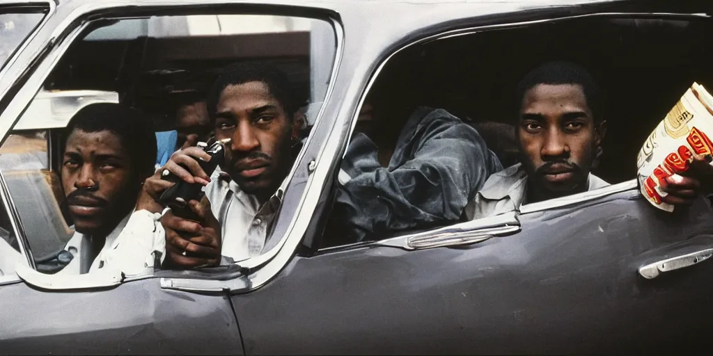 Prompt: bronx, black men sit in the 7 0 s car, holding a magnum, closeup, coloured film photography, bruce davidson photography