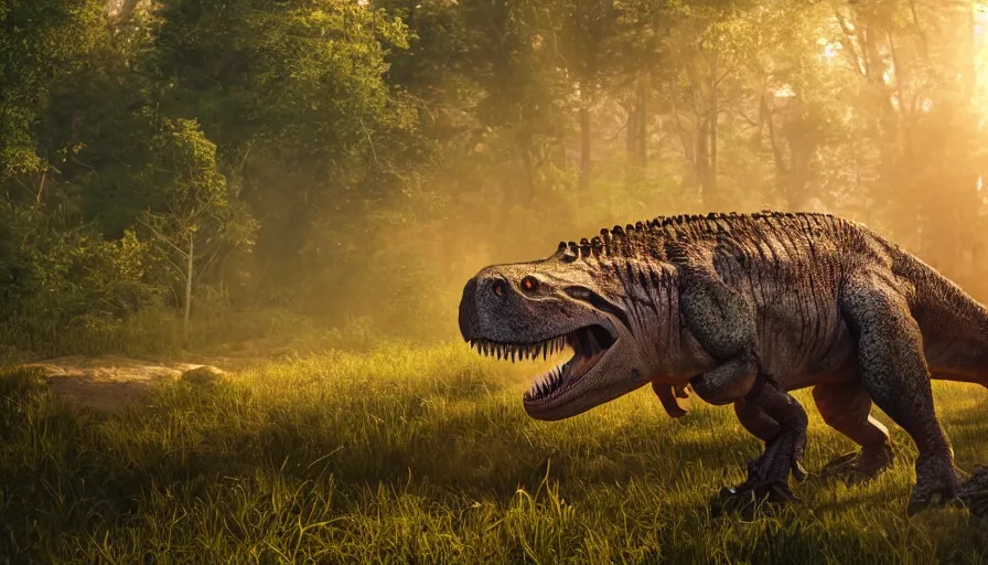 Image similar to hyper realistic highly detailed nature photography of a trex, tyrannosaurus rex, prehistoric planet, volumetric lighting, octane render, 4 k resolution, golden hour