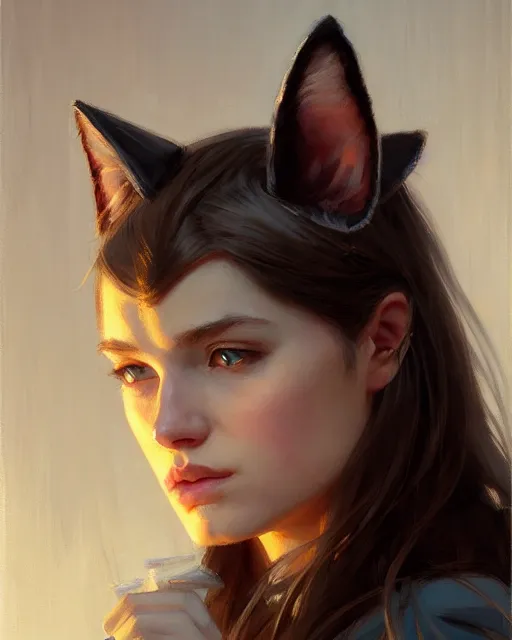 Prompt: a potrait of a girl with cat ears, fine details. night setting. realistic shaded lighting poster by craig mullism, artgerm, jeremy lipkin and michael garmash, unreal engine, radiant light, detailed and intricate environment, digital art, trending on art station