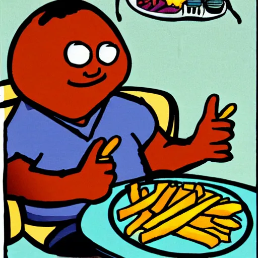 Prompt: humanoid potato sat on a chair eating fries cartoon