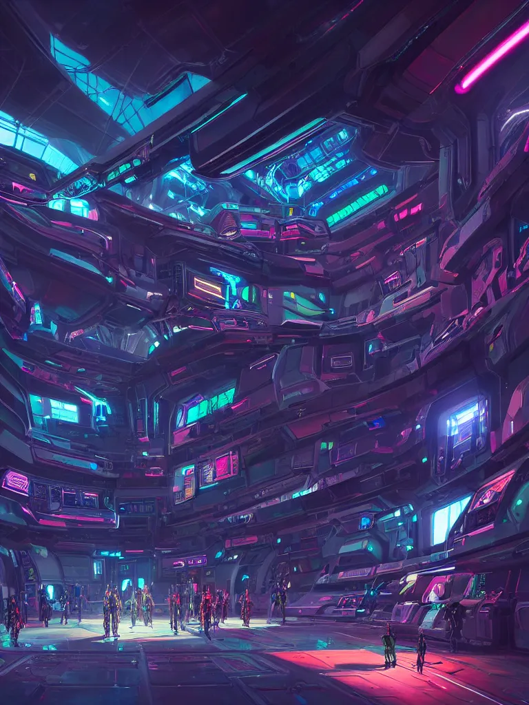 Prompt: the interior of a celestial spaceship cyberpunk hangar in a bioluminescent walls decorated beautifully, lots of cyberpunk design elements like humanoids and mecha robots, warm sunlight shining in, lots of cables and neon signs, concept art 8 k resolution, fantasy illustration, sharp focus, detailed painting, deep color, volumetric lighting, crepuscular rays
