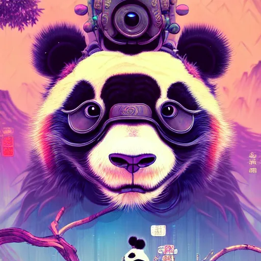 Image similar to a beautiful hyperdetailed character design 4 k wallpaper illustration of a cute panda with a chinese lion dance head victo ngai cyberpunk style, from china, style of studio ghibli, makoto shinkai, raphael lacoste, louis comfort tiffany, artgerm, james jean, ross tran, chinese style