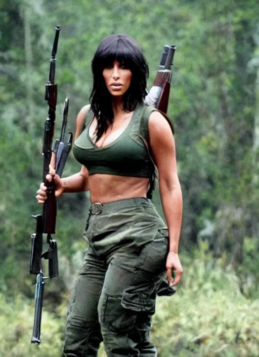 Image similar to film still of kim kardashian as John Rambo in Rambo,