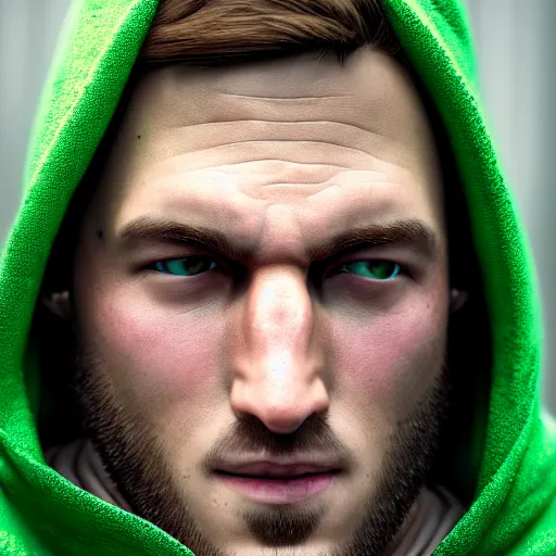 Image similar to portrait of a chad programmer with green hood by greg rutkowski, 4 k, close up