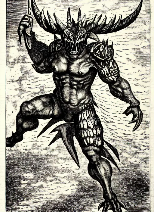 Image similar to illustration of greymon as a demon from the dictionarre infernal, etching by louis le breton, 1 8 6 9, 1 2 0 0 dpi scan, ultrasharp detail, clean scan