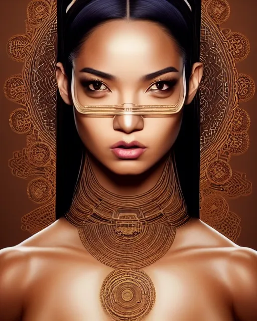 Prompt: ( ( portrait of tech goddess ) ), zoom, rule of thirds, atmosphere, intricate, regal, latinas, ( brown skin ), symmetrical!!, loreal, maybelline, sephora, loreal, artstation, art by artgerm and gonzalo ordonez arias, moody, concept art, filmic, vsco