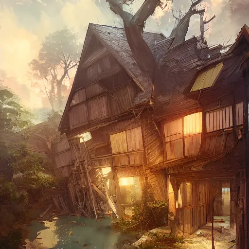 Image similar to two husbands leave each other inside a big wooden broken house by Stanley Artgerm Lau, WLOP, Rossdraws, James Jean, Andrei Riabovitchev, Marc Simonetti, Yoshitaka Amano, ArtStation, CGSociety, highly detaild 4K