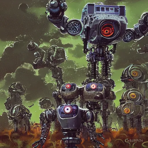 Image similar to a world full of robots overran by nature by akihiko yoshia and greg rutkowsk
