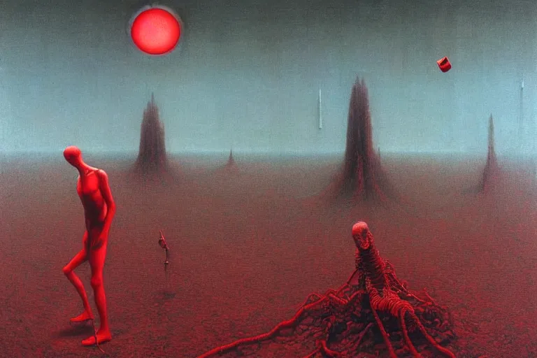 Image similar to only with red, red god of death eat apple, a futuristic city on mars in the background, red worms on the floor, in the style of beksinski, part by hopper, part by rodcenko, part by hofbauer, intricate composition, red by caravaggio, insanely quality, highly detailed, masterpiece, red light, artstation, 8 k