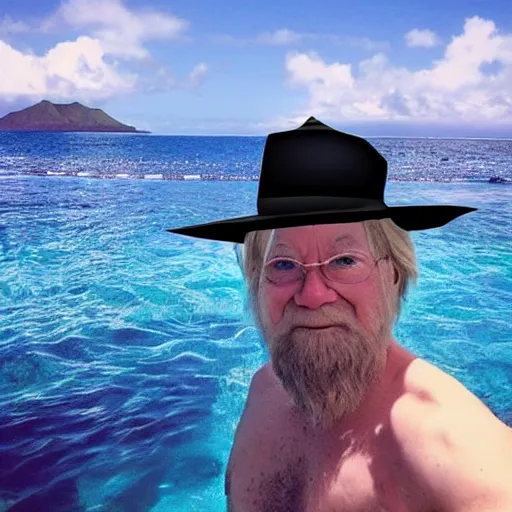 Image similar to instagram vacation photo of dumbledore the wizard wearing his wizard hat and wizard swim trunks at hawaii