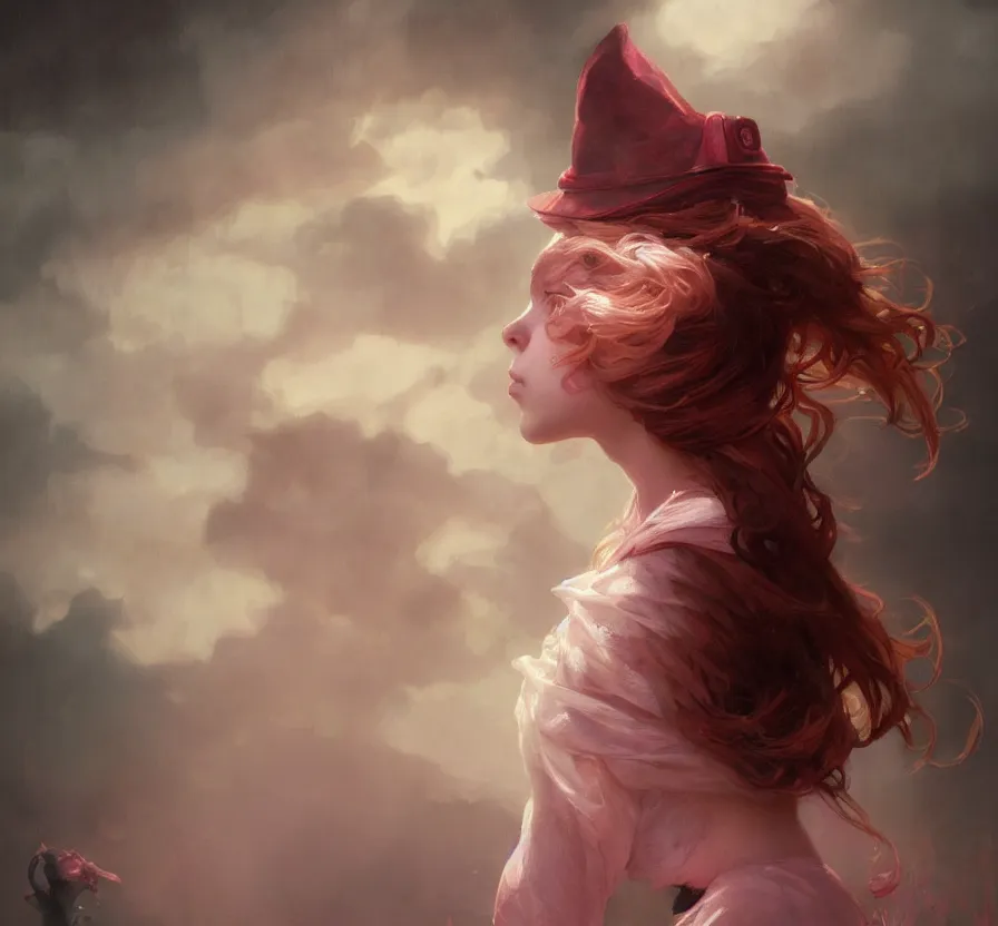 Prompt: realistic, dramatic, fantasy, render of a redhead young girl, with a pink wool street hat on her head, by wlop, artgerm, greg rutkowski, alphonse mucha, beautiful dynamic, dramatic, dark, moody lighting, shadows, cinematic atmosphere, artstation, concept design art, octane render, 8 k