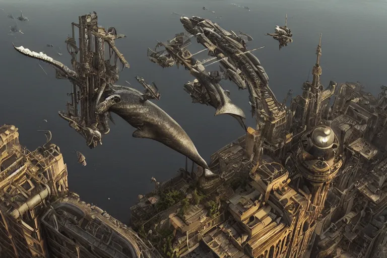 Image similar to alien whale flying over a steampunk city, 3d scene, render, ultra realistic, zenith view, Greg Rutkowski, artstation, cgsociety, level design, unreal engine alien whale flying over a steampunk city, 3d scene, render, ultra realistic, zenith view, Enki Bilal style