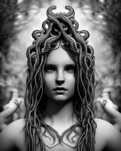 Image similar to mythical dreamy underwater artistic black and white 3 d render of a translucent beautiful young female angelic - medusa - vegetal - doll, highly detailed, intricate crystal ivy jelly ornate, poetic, translucent algae ornate, digital art, octane render, 8 k artistic photography, photo - realistic, hg giger flora borsi