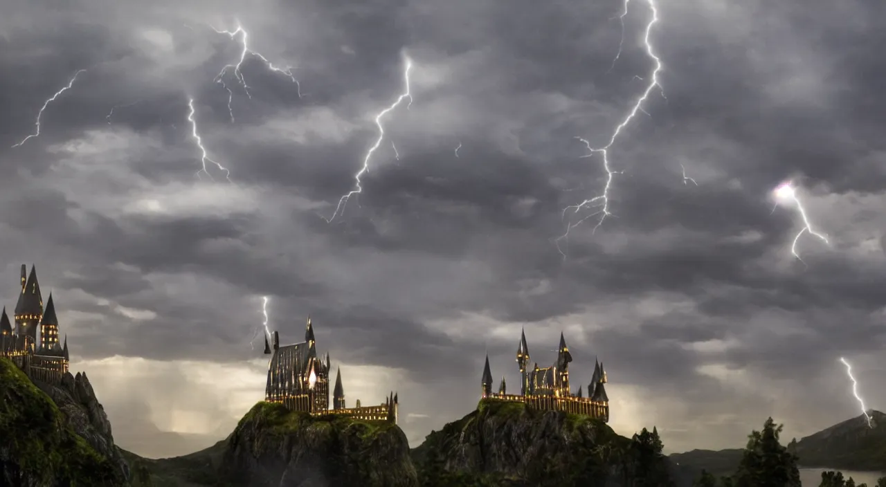 Image similar to slytherin harry potter flying with his wand forward. hogwarts castle and lightning strikes in the background. bad weather