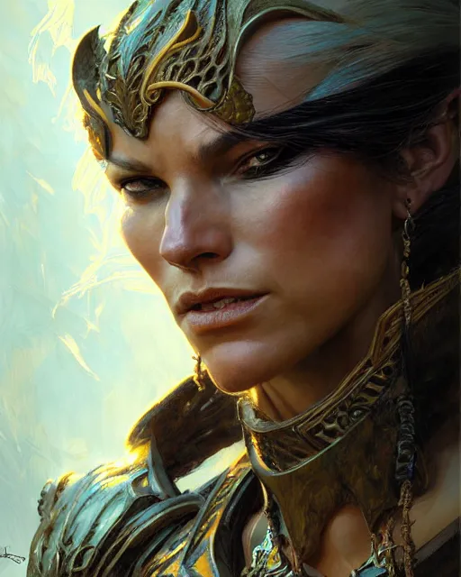 Image similar to fierce woman, fantasy character portrait, ultra realistic, concept art, intricate details, highly detailed, wide angle, by andrew robinson, gaston bussiere, craig mullins, simon bisley