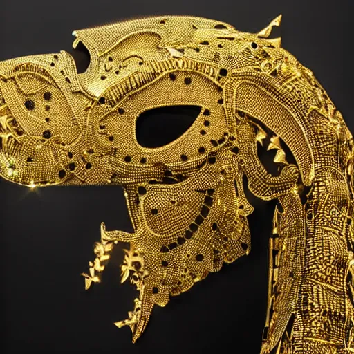 Image similar to metallic head of Behemoth, surrounded by intricate gold lace metalwork on a black smokey background metallic, accent lighting, glowing, gold