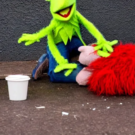 Prompt: disheveled homeless angry muppet stabbing Kermit out of jealousy. Photograph.