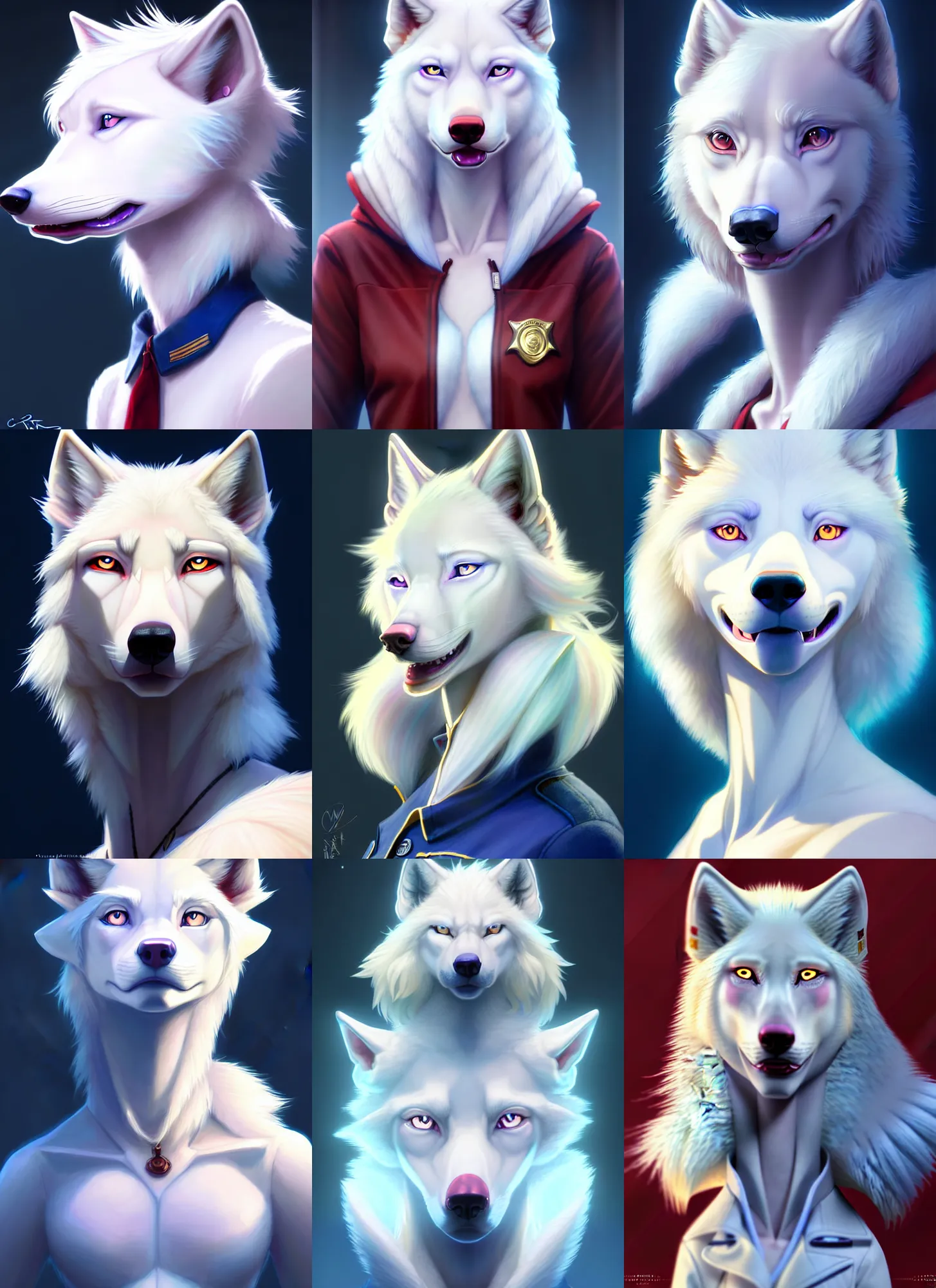 Prompt: beautiful portrait of a female anthropomorphic albino wolf fursona with eyes that are blue and hair that is red wearing a state trooper uniform. character design by disney, charlie bowater, ross tran, artgerm, and makoto shinkai, detailed, soft lighting, rendered in octane