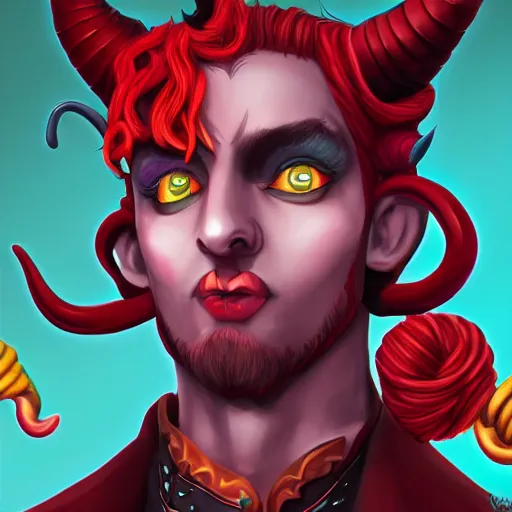 Image similar to Red tiefling wizard, wearing colorful clothes, with curling horns, with peircings in horns, digital art, 4k, detailed, by Viktor Antonov and greg ruthowski
