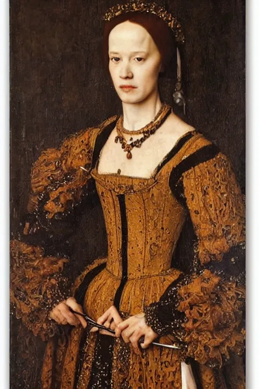 Image similar to portrait of juliette lewis, oil painting by jan van eyck, by hans holbein, northern renaissance art, old masters, alla prima, realistic, expressive emotions, intricate textures, illusionistic detail, masterpiece