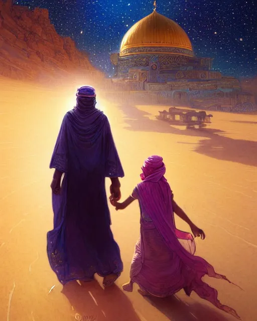 Image similar to bedouin man and woman and child in galaxy walking towards mosque surrounded by nebula, highly detailed, gold filigree, romantic storybook fantasy, soft cinematic lighting, award, disney concept art watercolor illustration by mandy jurgens and alphonse mucha and alena aenami, pastel color palette, featured on artstation