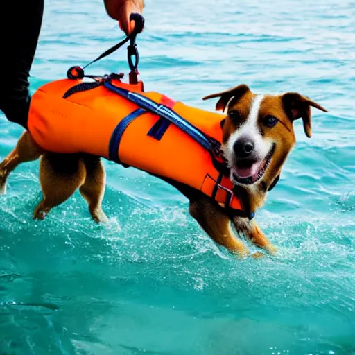 Prompt: photo of dog wearing a life jacket in the ocean