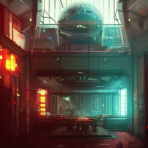 Image similar to Secrets inside the cyberpunk winter palace, art deco sci fi, Horror, Trending artstation, cinematográfica, dramatic lighting