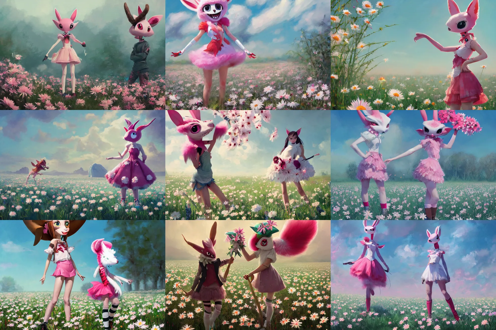 Prompt: anthropomorphic lurantis girl in an ice floe standing in a field of daisies wearing converse shoes and a davey crockett hat, digital illustration by ruan jia on artstation