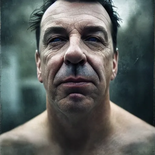 Image similar to cinematic portrait of till lindemann, intricate, elegant, by alyssa monks, highly detailed, symmetrical face, fine details, masterpiece, trending on artstation