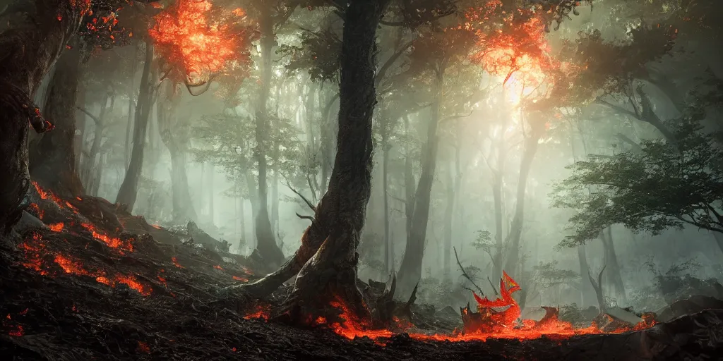 Prompt: Red eyed Dragon setting forest on fire, cinematic shot, epic, volumetric lighting, made by Stanley Artgerm Lau, WLOP, Rossdraws, ArtStation, CGSociety, concept art, cgsociety, octane render, trending on artstation, artstationHD, artstationHQ, unreal engine, 4k, 8k,