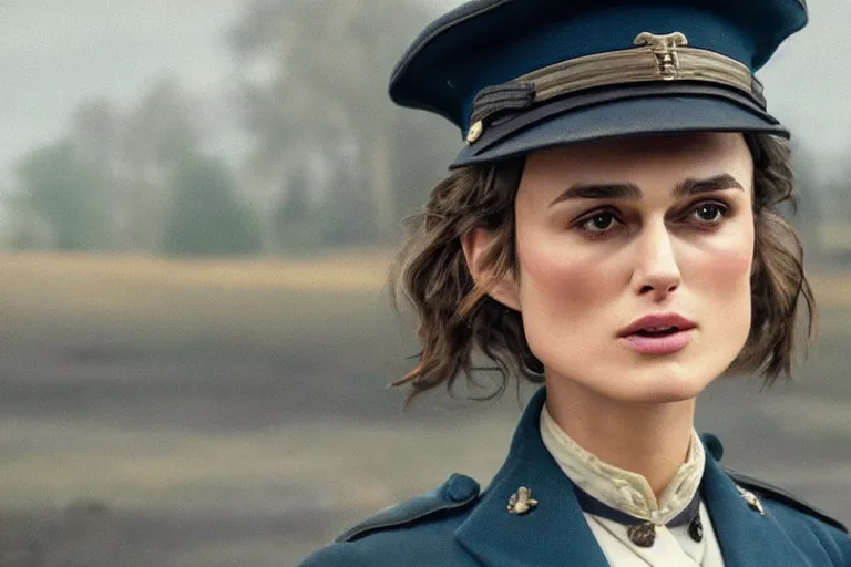 Prompt: wide-shot of kiera knightley as a constable in a movie directed by Wes Anderson, symmetrical shot, idiosyncratic, relentlessly detailed, pastel colour palette, detailed perfect face, movie still frame, promotional image, imax 70mm footage