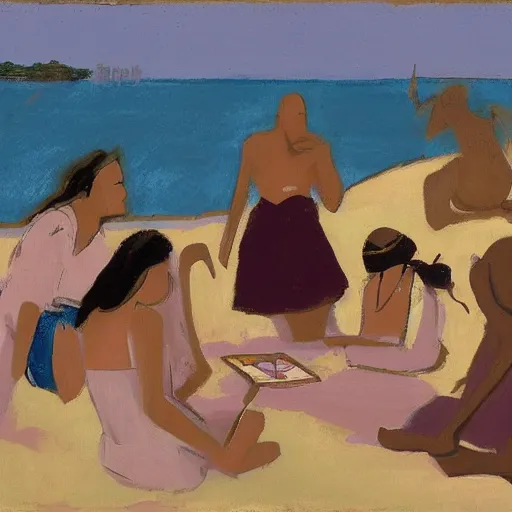 Image similar to A beautiful computer art of a group of people on a beach. The colors are muted and the overall tone is serene. The people are all engaged in different activities, from reading to playing games, and the artwork seems to be capturing a moment of peace and relaxation. pale violet, Aztec by Robert Motherwell, by Kitty Lange Kielland jaunty