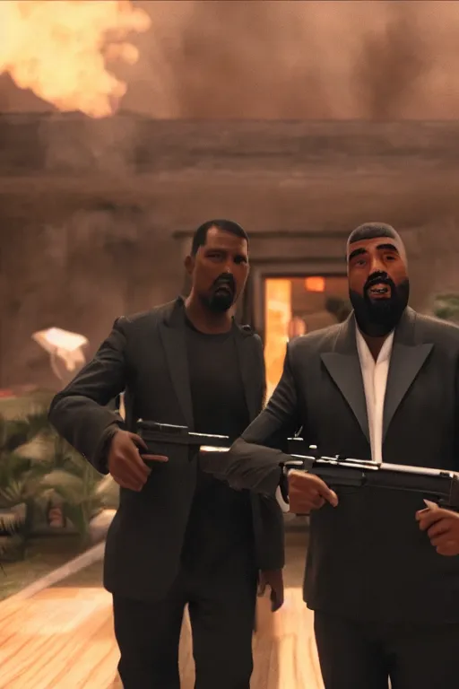 Prompt: hyperrealistic cinematic portrait of chow yun - fat and kanye west, wearing tuxedos, shooting guns in a quentin tarantino movie, 8 k, pulp fiction style, unreal engine