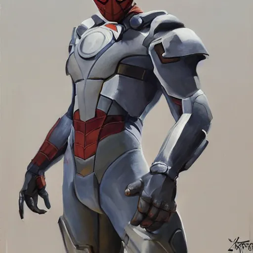 Image similar to greg manchess portrait painting of armored spiderman ultraman grey fox from metal gear cyborg gay japanese - american hybrid as overwatch character, medium shot, asymmetrical, profile picture, organic painting, sunny day, matte painting, bold shapes, hard edges, street art, trending on artstation, by huang guangjian and ail elvgren and sachin teng