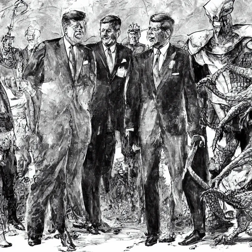 Image similar to president kennedy meeting with an argonian lizard warrior in skryim