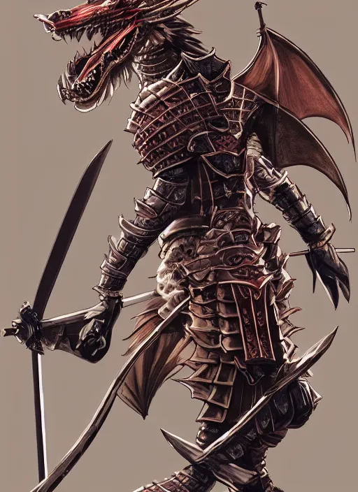 Prompt: A dragon inspired Japanese samurai armor, holding a katana, powerful, fire reflection, trending on artstation, dragon helmet, high dynamic range, hyper detailed