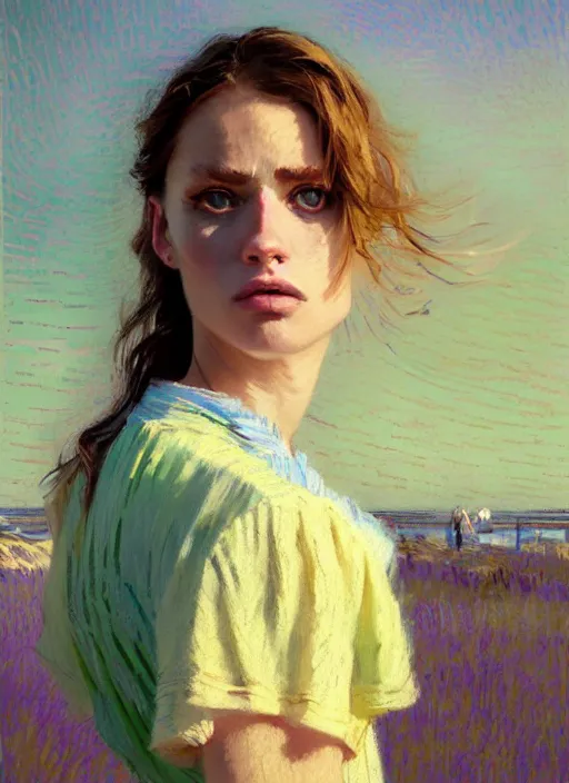 Image similar to portrait of a beautiful girl, sea dunes backdrop, sad, pastel shades of light blue and light yellow, beautiful face, rule of thirds, intricate outfit, spotlight, by greg rutkowski, by jeremy mann, by francoise nielly, by van gogh, by rineke dijkstra, digital painting