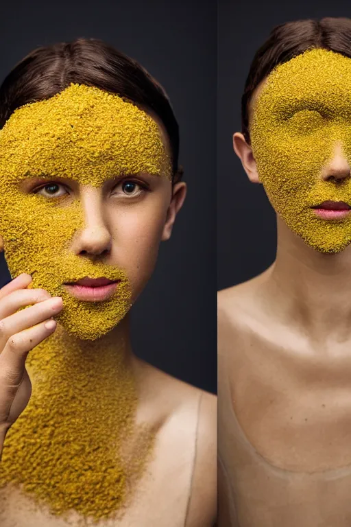 Prompt: millie bobby brown made out of millet, human face made out of millet, professional food photography