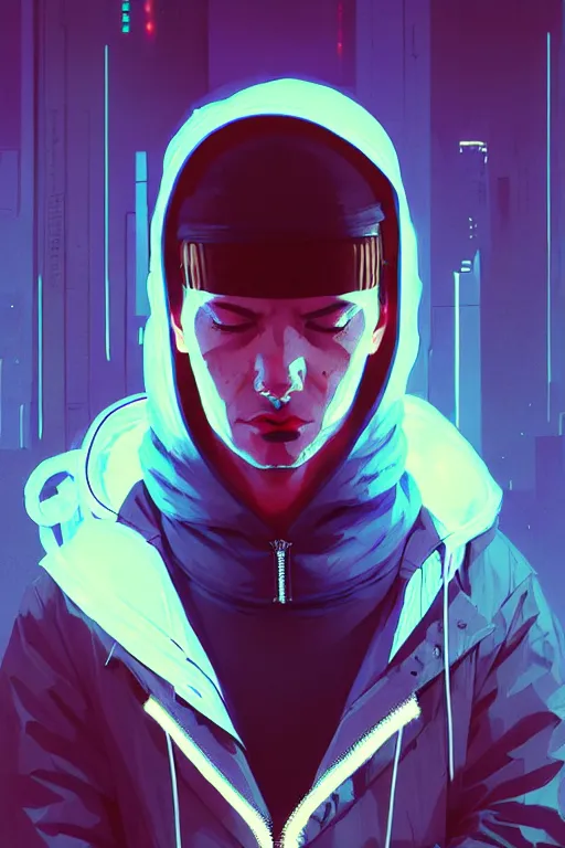 Image similar to cyberpunk synth, hyper - realistic portrait of a man in a hoodie, cyberpunk, by atey ghailan, by greg rutkowski, by greg tocchini, by james gilleard, by joe fenton, by kaethe butcher, dynamic lighting, gradient light blue, brown, blonde cream and white color scheme, grunge aesthetic