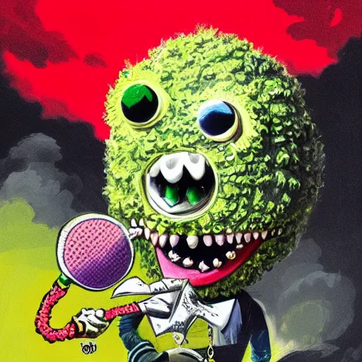 Image similar to a tennis ball monster wearing gold chain necklace smoking a blunt, digital art, fantasy, magic, trending on artstation, ultra detailed, professional illustration by Basil Gogos