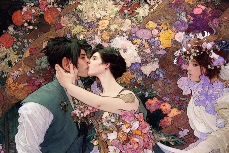 Image similar to the groom kisses the bride at a wedding full of flowers, bright and happy, dreamlike art, highly detail, 4 k realistic, wedding photoy krenz cushart. artem demura. alphonse mucha. yoji shinkawa artgerm. jon lothian. danilo torres. adi meyers. thomas reimann. gaston bussiere.