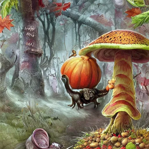 Image similar to Hell and heaven, captured in bottles, an elderly mushroom walking their pet snail, The Autumn Plague Gardener, the theme of Alice in Wonderland, digital painting, its softness partakes of fluidity, illustration, deep dark, artstation, intricate, biodiversity in a world of change and constancy, ue5, by deiv calviz and bossmonsterbani