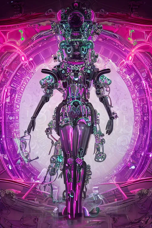 Image similar to full-body baroque and bladerunner style pink neon statue of a beautiful goddess ((mech humanoid)) dancing sim roupa, (((glowing white face))), (crown of golden steampunk gears), emeralds, swirling silver silk fabric. futuristic elements. prismatic liquid rainbow light, full-length view. space robots. (((human skulls))). throne made of bones, intricate artwork by caravaggio. Trending on artstation, octane render, cinematic lighting from the right, hyper realism, octane render, 8k, depth of field, 3D