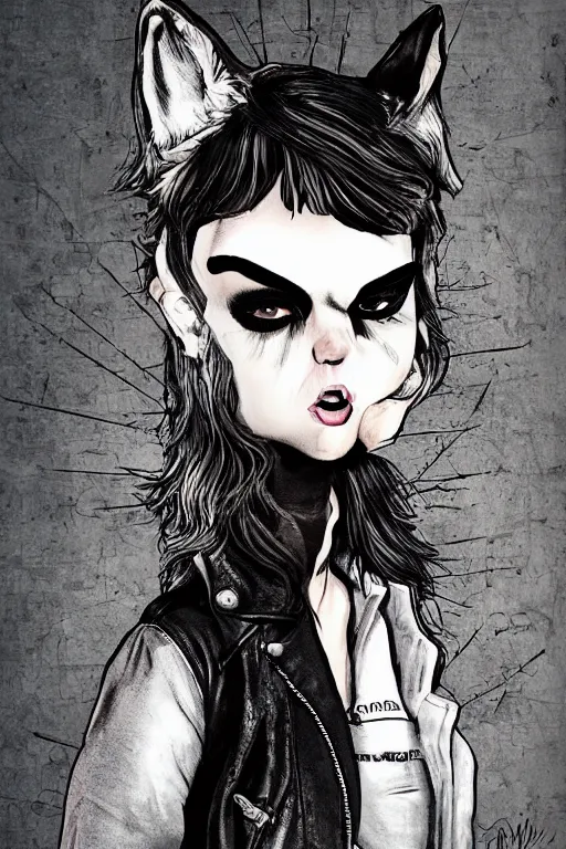 Image similar to portrait of a punk girl in a leather jacket wearing a wolf's head, artwork by boneface