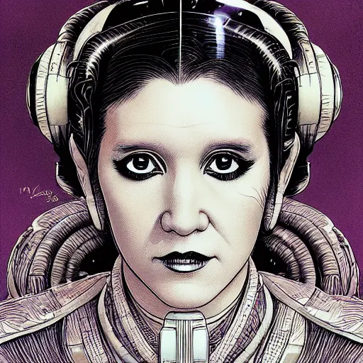 Image similar to portrait closeup of crazy princess leia, symmetrical, by yoichi hatakenaka, masamune shirow, josan gonzales and dan mumford, ayami kojima, takato yamamoto, barclay shaw, karol bak, yukito kishiro