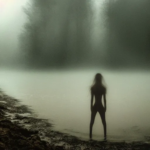 Image similar to monster pale skin, dark yellowish water, foggy water, dark, dramatic, big eyes, terrifying, cinematic