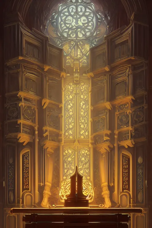 Image similar to painting of a pipe organ in front of a dimensional portal, decorated, intricate, dieselpunk, digital painting, artstation, concept art, smooth, sharp focus, illustration, art by artgerm and greg rutkowski and alphonse mucha, 8 k